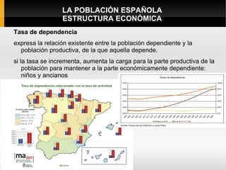 LA POBLACIÓN ESPAÑOLA
                 ESTRUCTURA ECONÓMICA
Tasa de dependencia
expresa la relación existente entre la población dependiente y la
  población productiva, de la que aquella depende.
si la tasa se incrementa, aumenta la carga para la parte productiva de la
    población para mantener a la parte económicamente dependiente:
    niños y ancianos
 