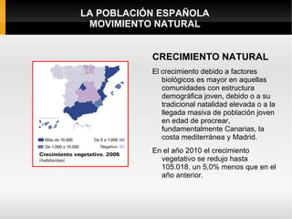 LA POBLACIÓN ESPAÑOLA
 MOVIMIENTO NATURAL


           CRECIMIENTO NATURAL
           El crecimiento debido a factores
              biológicos es mayor en aquellas
              comunidades con estructura
              demográfica joven, debido o a su
              tradicional natalidad elevada o a la
              llegada masiva de población joven
              en edad de procrear,
              fundamentalmente Canarias, la
              costa mediterránea y Madrid.
           En el año 2010 el crecimiento
             vegetativo se redujo hasta
             105.018, un 5,0% menos que en el
             año anterior.
 