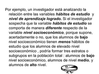 Por ejemplo, un investigador está analizando la
relación entre las variables hábitos de estudio y
nivel de aprendizaje logrado. Si el investigador
sospecha que la variable hábitos de estudio se
comporta de manera diferente respecto de la
variable nivel socioeconómico, porque supone,
acertadamente o no, que los alumnos de bajo
nivel socioeconómico tienen menos hábitos de
estudio que los alumnos de elevado nivel
socioeconómico , podría formar tres estratos o
subgrupos en la población total : alumnos de bajo
nivel socioeconómico, alumnos de nivel medio, y
alumnos de alto nivel.
 