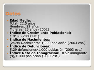 DatosEdad Media:Total: 22.5 añosHombres: 22 añosMujeres: 23 años (2002)Índice de Crecimiento Poblacional:	1.91% (2003 est.)Índice de Nacimientos: 24.94 Nacimientos 1,000 población (2003 est.)Índice de Defunciones:	5.29 defunciones/1,000 población (2003 est.)Índice Neto de Inmigración: -0.52 inmigrante (s)/1,000 población (2003 est.)