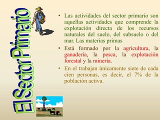 • Las actividades del sector primario son
aquellas actividades que comprende la
explotación directa de los recursos
naturales del suelo, del subsuelo o del
mar. Las materias primas
• Está formado por la agricultura, la
ganadería, la pesca, la explotación
forestal y la minería.
• En el trabajan únicamente siete de cada
cien personas, es decir, el 7% de la
población activa.
 