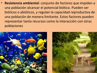 • Resistencia ambiental: conjunto de factores que impiden a
una población alcanzar el potencial biótico. Pueden ser
bióticos o abióticos, y regulan la capacidad reproductiva de
una población de manera limitante. Estos factores pueden
representar tanto recursos como la interacción con otras
poblaciones
 
