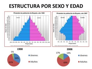 ESTRUCTURA POR SEXO Y EDAD 
Jóvenes 
Adultos 
Mayores 65 
34% 
5% 
61% 
1900 
Jóvenes 
Adultos 
14% 
69% 
17% 
2008 
Jóvenes 
Adultos 
 