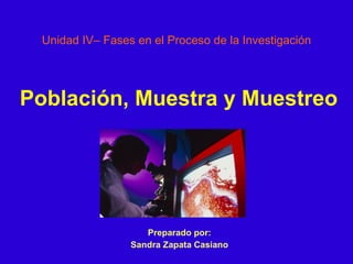 Unidad IV– Fases en el Proceso de la Investigación Preparado por: Sandra Zapata Casiano Población, Muestra y Muestreo 