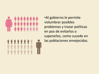 •Al gobierno le permite
vislumbrar posibles
problemas y trazar políticas
en pos de evitarlos o
superarlos, como sucede en
las poblaciones envejecidas.
 