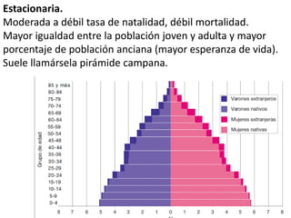 Estacionaria.
Moderada a débil tasa de natalidad, débil mortalidad.
Mayor igualdad entre la población joven y adulta y mayor
porcentaje de población anciana (mayor esperanza de vida).
Suele llamársela pirámide campana.
 