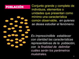 Conjunto grande y completo de
individuos, elementos o
unidades que presentan como
mínimo una característica
común observable, en quienes
se desea estudiar el fenómeno.
2
Es imprescindible establecer
con claridad las características
representativas de la población,
con la finalidad de delimitar
cuáles serán los parámetros
muéstrales.
 