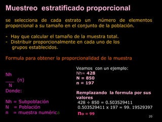 Muestreo estratificado proporcional
se selecciona de cada estrato un número de elementos
proporcional a su tamaño en el conjunto de la población.
- Hay que calcular el tamaño de la muestra total.
- Distribuir proporcionalmente en cada uno de los
grupos establecidos.
Formula para obtener la proporcionalidad de la muestra
Nh
___ (n)
N
Donde:
Nh = Subpoblación
N = Población
n = muestra numérica
20
Veamos con un ejemplo:
Nh= 428
N = 850
n = 197
Remplazando la formula por sus
valores
428 ÷ 850 = 0.503529411
0.503529411 x 197 = 99. 19529397
no = 99
 