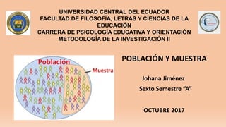 UNIVERSIDAD CENTRAL DEL ECUADOR
FACULTAD DE FILOSOFÍA, LETRAS Y CIENCIAS DE LA
EDUCACIÓN
CARRERA DE PSICOLOGÍA EDUCATIVA Y ORIENTACIÓN
METODOLOGÍA DE LA INVESTIGACIÓN II
Johana Jiménez
Sexto Semestre “A”
POBLACIÓN Y MUESTRA
OCTUBRE 2017
 