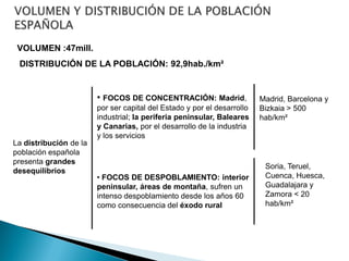 VOLUMEN :47mill.
DISTRIBUCIÓN DE LA POBLACIÓN: 92,9hab./km²
La distribución de la
población española
presenta grandes
desequilibrios
• FOCOS DE CONCENTRACIÓN: Madrid,
por ser capital del Estado y por el desarrollo
industrial; la periferia peninsular, Baleares
y Canarias, por el desarrollo de la industria
y los servicios
• FOCOS DE DESPOBLAMIENTO: interior
peninsular, áreas de montaña, sufren un
intenso despoblamiento desde los años 60
como consecuencia del éxodo rural
Madrid, Barcelona y
Bizkaia > 500
hab/km²
Soria, Teruel,
Cuenca, Huesca,
Guadalajara y
Zamora < 20
hab/km²
 