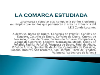 La comarca a estudiar esta compuesta por los siguientes
municipios que son los que pertenecen al área de influencia del
I.E.S Conde Lucanor:
Aldeayuso, Bocos de Duero, Canalejas de Peñafiel, Canillas de
Esgueva, Castrillo de Duero, Corrales de Duero, Cuevas de
Provanco, Curiel de Duero, Encinas de Esqueva, Fompedraza,
Laguna de Contreras, Langayo, Manzanillo, Mélida, Olmos de
Peñafiel, Padilla, Peñafiel, Pesquera de Duero, Piñel de Abajo,
Piñel de Arriba, Quintanilla de Arriba, Quintanilla de Onésimo,
Rábano, Roturas, San Bernardo, San Llorente, Torre de Peñafiel,
Valbuena, Valdearcos de la Vega
 