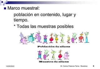  Marco muestral:
población en contenido, lugar y
tiempo.
* Todas las muestras posibles
Dr. Carlos Palacios Tema : Muestreo 4
10/05/2022
 