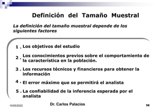 Definición del Tamaño Muestral
La definición del tamaño muestral depende de los
siguientes factores
Los objetivos del estudio
Los conocimientos previos sobre el comportamiento de
la característica en la población.
Los recursos técnicos y financieros para obtener la
información
El error máximo que se permitirá el analista
La confiabilidad de la inferencia esperada por el
analista
1 .
2 .
3 .
4 .
5 .
10/05/2022 58
Dr. Carlos Palacios
 