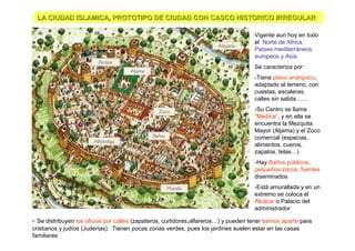 LA CIUDAD ISLAMICA, PROTOTIPO DE CIUDAD CON CASCO HISTORICO IRREGULAR

                                                                                      Vigente aun hoy en todo
                                                                                      el Norte de Africa,
                                                                                      Países mediterráneos
                                                                                      europeos y Asia.
                                                                                      Se caracteriza por:
                                                                                      -Tiene plano anárquico,
                                                                                      adaptado al terreno, con
                                                                                      cuestas, escaleras,
                                                                                      calles sin salida……
                                                                                      -Su Centro se llama
                                                                                      “Medina”, y en ella se
                                                                                      encuentra la Mezquita
                                                                                      Mayor (Aljama) y el Zoco
                                                                                      comercial (especias,
                                                                                      alimentos, cueros,
                                                                                      zapatos, telas…)
                                                                                      -Hay Baños públicos,
                                                                                      pequeños zocos, fuentes
                                                                                      diseminados
                                                                                      -Está amurallada y en un
                                                                                      extremo se coloca el
                                                                                      Alcázar o Palacio del
                                                                                      administrador

- Se distribuyen los oficios por calles (zapateros, curtidores,alfareros…) y pueden tener barrios aparte para
cristianos y judíos (Juderías). Tienen pocas zonas verdes, pues los jardines suelen estar en las casas
familiares
 