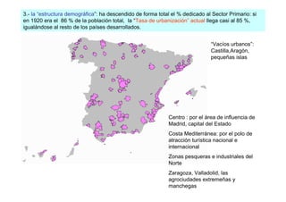 3.- la “estructura demográfica”: ha descendido de forma total el % dedicado al Sector Primario: si
en 1920 era el 86 % de la población total, la “Tasa de urbanización” actual llega casi al 85 %,
igualándose al resto de los países desarrollados.


                                                                               “Vacíos urbanos”:
                                                                               Castilla,Aragón,
                                                                               pequeñas islas




                                                             Centro : por el área de influencia de
                                                             Madrid, capital del Estado
                                                             Costa Mediterránea: por el polo de
                                                             atracción turística nacional e
                                                             internacional
                                                             Zonas pesqueras e industriales del
                                                             Norte
                                                             Zaragoza, Valladolid, las
                                                             agrociudades extremeñas y
                                                             manchegas
 