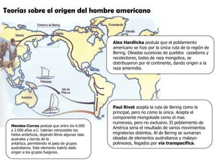 Raíces Históricas de Chile   U 1/ 5Alex Hardlicka postula que el poblamiento americano se hizo por la única ruta de la región de Bering. Oleadas sucesivas de pueblos  cazadores y recolectores, todos de raza mongolica, se distribuyeron por el continente, dando origen a la raza amerindia. Paul Rivet acepta la ruta de Bering como la principal, pero no como la única. Acepta el componente mongoloide como el mas numeroso, pero no exclusivo. El poblamiento de América seria el resultado de varios movimientos migratorios distintos. Al de Bering se sumarian oleadas de elementos australianos y malayo-polinesios, llegados por vía transpacífica.Mendes-Correa postula que entre los 6.000 a 2.000 años a.C. habrían retrocedido los hielos antárticos, dejando libres algunas islas australes y tierras de la antártica, permitiendo el paso de grupos australianos. Este elemento habría dado origen a los grupos fueginos.Teorías sobre el origen del hombre americano