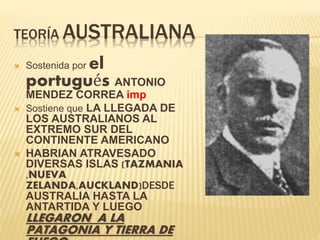 TEORÍA AUSTRALIANA
 Sostenida por el
portugués ANTONIO
MENDEZ CORREA imp
 Sostiene que LA LLEGADA DE
LOS AUSTRALIANOS AL
EXTREMO SUR DEL
CONTINENTE AMERICANO
 HABRIAN ATRAVESADO
DIVERSAS ISLAS (TAZMANIA
,NUEVA
ZELANDA,AUCKLAND)DESDE
AUSTRALIA HASTA LA
ANTARTIDA Y LUEGO
LLEGARON A LA
PATAGONIA Y TIERRA DE
 