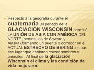  Respecto a la geografía durante el
cuaternaria ,el periodo de la
GLACIACIÓN WISCONSIN permitió
LA UNIÓN DE ASIA CON AMÉRICA DEL
NORTE (penínsulas de Seward y
Alaska),formando un puente o corredor en el
ACTUAL ESTRECHO DE BERING .es por
ese lugar que debieron cruzar hombres y
animales . Al final de la glaciación
Wisconsin el clima y las condición de
vida mejoraron
 