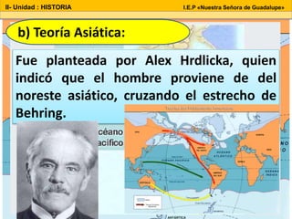 Fue planteada por Alex Hrdlicka, quien
indicó que el hombre proviene de del
noreste asiático, cruzando el estrecho de
Behring.
b) Teoría Asiática:
II- Unidad : HISTORIA I.E.P «Nuestra Señora de Guadalupe»
 