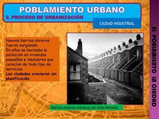EL  POBLAMIENTO  LA CIUDAD CIUDAD INDUSTRIAL Nuevos barrios obreros fueron surgiendo. En ellos se hacinaba la población en viviendas pequeñas e insalubres que carecían de todo tipo de servicios. Las ciudades crecieron sin planificación .  Barrios obreros (mineros) en Gran Bretaña 