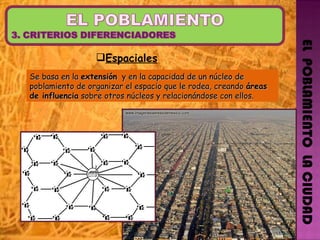 EL  POBLAMIENTO  LA CIUDAD Espaciales Se basa en la  extensión   y en la capacidad de un núcleo de poblamiento de organizar el espacio que le rodea, creando  áreas de influencia  sobre otros núcleos y relacionándose con ellos. 