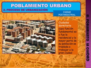 EL  POBLAMIENTO  LA CIU DAD CIUDAD POSTINDUSTRIAL Ciudades dormitorio  cuya función fundamental es o fue la residencial y la mayor parte de su población se traslada a trabajar a la gran ciudad 
