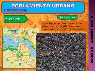 EL  POBLAMIENTO  LA CIUDAD 2. PLANOS  Radiocéntrico  Las calles parten de un punto central (plaza o edificio significativo) como si fueran los radios de una circunferencia. París  Camberra  