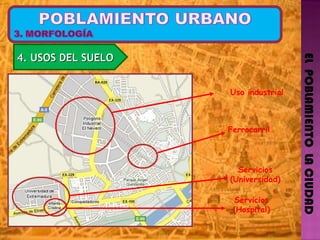 EL  POBLAMIENTO  LA CIUDAD 4. USOS DEL SUELO Uso industrial Ferrocarril Servicios (Universidad) Servicios (Hospital) 