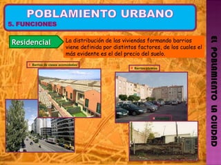 EL  POBLAMIENTO  LA CIUDAD La distribución de las viviendas formando barrios viene definida por distintos factores, de los cuales el más evidente es el del precio del suelo. Residencial Barrios de clases acomodadas Barrios obreros Chabolas 