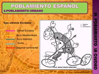 EL  POBLAMIENTO  LA CIUDAD Ejes urbanos Europeos Dorsal Europea Arco Mediterráneo Arco Atlántico Sures Diagonal continental Prof. ISAAC BUZO SÁNCHEZ 