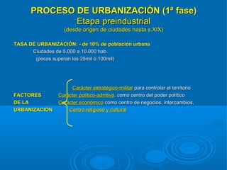 PROCESO DE URBANIZACIÓN (1ª fase)
              Etapa preindustrial
                  (desde origen de ciudades hasta s.XIX)

TASA DE URBANIZACIÓN: - de 10% de población urbana
      Ciudades de 5.000 a 10.000 hab.
       (pocas superan los 25mil ó 100mil)




                     Carácter estratégico-militar para controlar el territorio
FACTORES        Carácter político-admtivo. como centro del poder político
DE LA           Carácter económico como centro de negocios, intercambios,
URBANIZACIÓN        Centro religioso y cultural
 