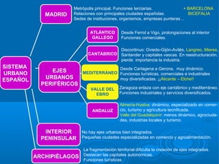 Metrópolis principal. Funciones terciarias.           + BARCELONA
             MADRID   Relaciones con principales ciudades españolas.          BICEFALIA
                      Sedes de instituciones, organismos, empresas punteras…


                              ATLÁNTICO       Desde Ferrol a Vigo, prolongaciones al interior
                               GALLEGO        Funciones comerciales.

                                        Discontinuo: Oviedo-Gijón-Avilés, Langreo, Mieres,
                             CANTÁBRICO Santander y capitales vascas. En reestructuración,
                                        pierde importancia la industria.
SISTEMA                                Desde Cartagena a Gerona, muy dinámico.
URBANO         EJES       MEDITERRÁNEO Funciones turísticas, comerciales e industriales
ESPAÑOL      URBANOS                   muy diversificadas. ¡¡Alicante – Elche!!
            PERIFÉRICOS
                              VALLE DEL      Zaragoza enlaza con eje cantábrico y mediterráneo.
                                EBRO         Funciones industriales y servicios diversificados.

                                              Almería-Huelva: dinámico, especializado en comer-
                               ANDALUZ        cio, turismo y agricultura tecnificada.
                                              Valle del Guadalquivir: menos dinámico, agrociuda-
                                              des, industrias locales y turismo.

             INTERIOR     No hay ejes urbanos bien integrados.
            PENINSULAR    Pequeñas ciudades especializadas en comercio y agroalimentación.

                          La fragmentación territorial dificulta la creación de ejes integrados.
          ARCHIPIÉLAGOS   Destacan las capitales autonómicas.
                          Funciones turísticas
 