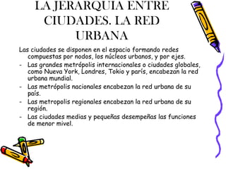 LA JERARQUIA ENTRE
      CIUDADES. LA RED
           URBANA
Las ciudades se disponen en el espacio formando redes
   compuestas por nodos, los núcleos urbanos, y por ejes.
- Las grandes metrópolis internacionales o ciudades globales,
   como Nueva York, Londres, Tokio y parís, encabezan la red
   urbana mundial.
- Las metrópolis nacionales encabezan la red urbana de su
   país.
- Las metropolis regionales encabezan la red urbana de su
   región.
- Las ciudades medias y pequeñas desempeñas las funciones
   de menor mivel.
 