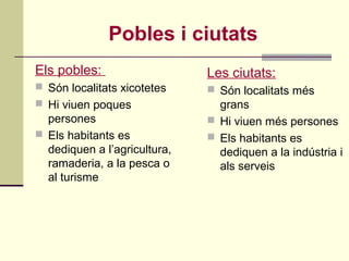 Pobles i ciutats
Els pobles:
 Són localitats xicotetes
 Hi viuen poques
persones
 Els habitants es
dediquen a l’agricultura,
ramaderia, a la pesca o
al turisme
Les ciutats:
 Són localitats més
grans
 Hi viuen més persones
 Els habitants es
dediquen a la indústria i
als serveis
 
