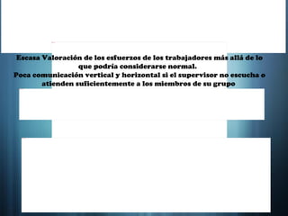 Escasa Valoración de los esfuerzos de los trabajadores más allá de lo que podría considerarse normal.  Poca comunicación vertical y horizontal si el supervisor no escucha o atienden suficientemente a los miembros de su grupo  