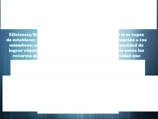 Eficiencia/Rendimiento :una empresa es  eficiente si es capaz de establecer y lograr metas, extendiendo esta concepción a sus miembros; un trabajador es eficiente si tiene la capacidad de lograr objetivos por medio de una relación deseable entre los recursos que se le asignan y la máxima productividad que pueda obtener de esto  
