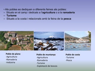 • Als pobles es dediquen a diferents feines als pobles:
– Situats en el camp i dedicats a l’agricultura o a la ramaderia
– Turisme
– Situats a la costa i relacionats amb la feina de la pesca
Poble de plana
-Agricultura
-Ramaderia
-Indústria
Poble de muntanya
-Agricultura
-Ramaderia
-Turisme
-Explotació de boscos
Poble de costa
-Turisme
-Pesca
 
