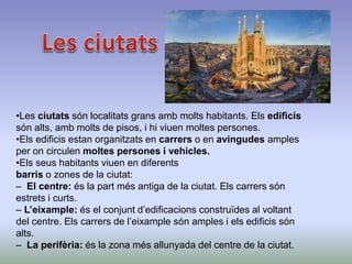 •Les ciutats són localitats grans amb molts habitants. Els edificis
són alts, amb molts de pisos, i hi viuen moltes persones.
•Els edificis estan organitzats en carrers o en avingudes amples
per on circulen moltes persones i vehicles.
•Els seus habitants viuen en diferents
barris o zones de la ciutat:
– El centre: és la part més antiga de la ciutat. Els carrers són
estrets i curts.
– L’eixample: és el conjunt d’edificacions construïdes al voltant
del centre. Els carrers de l’eixample són amples i els edificis són
alts.
– La perifèria: és la zona més allunyada del centre de la ciutat.
 