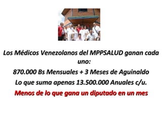 Los Médicos Venezolanos del MPPSALUD ganan cada uno: 870.000 Bs Mensuales + 3 Meses de Aguinaldo Lo que suma apenas 13.500.000 Anuales c/u. Menos de lo que gana un diputado en un mes 