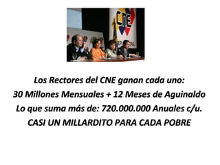 Los Rectores del CNE ganan cada uno: 30 Millones Mensuales + 12 Meses de Aguinaldo Lo que suma más de: 720.000.000 Anuales c/u. CASI UN MILLARDITO PARA CADA POBRE 