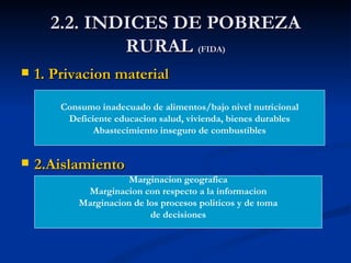 2.2. INDICES DE POBREZA
              RURAL (FIDA)
   1. Privacion material

        Consumo inadecuado de alimentos/bajo nivel nutricional
         Deficiente educacion salud, vivienda, bienes durables
               Abastecimiento inseguro de combustibles


   2.Aislamiento
                       Marginacion geografica
             Marginacion con respecto a la informacion
            Marginacion de los procesos politicos y de toma
                            de decisiones
 