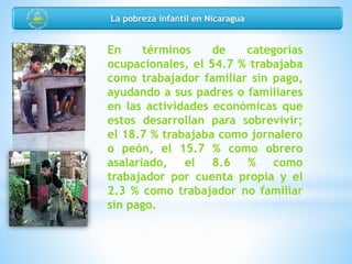 En términos de categorías
ocupacionales, el 54.7 % trabajaba
como trabajador familiar sin pago,
ayudando a sus padres o familiares
en las actividades económicas que
estos desarrollan para sobrevivir;
el 18.7 % trabajaba como jornalero
o peón, el 15.7 % como obrero
asalariado, el 8.6 % como
trabajador por cuenta propia y el
2.3 % como trabajador no familiar
sin pago.
La pobreza infantil en Nicaragua
 