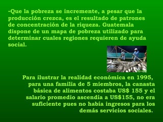 - Que la pobreza se incremente, a pesar que la producción crezca, es el resultado de patrones de concentración de la riqueza. Guatemala dispone de un mapa de pobreza utilizado para determinar cuales regiones requieren de ayuda social.  Para ilustrar la realidad económica en 1995,  para una familia de 5 miembros, la canasta básica de alimentos costaba US$ 155 y el salario promedio ascendía a US$155, no era suficiente pues no había ingresos para los demás servicios sociales.  