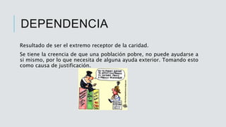 DEPENDENCIA
Resultado de ser el extremo receptor de la caridad.
Se tiene la creencia de que una población pobre, no puede ayudarse a
si mismo, por lo que necesita de alguna ayuda exterior. Tomando esto
como causa de justificación.
 
