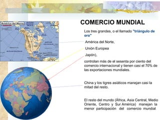 COMERCIO MUNDIAL Los tres grandes, o el llamado  "triángulo de oro"   América del Norte, Unión Europea Japón), controlan más de el sesenta por ciento del comercio internacional y tienen casi el 70% de las exportaciones mundiales.   China y los tigres asiáticos manejan casi la mitad del resto.   El resto del mundo (África, Asia Central, Medio Oriente,  Centro  y  Sur América)  manejan  la menor  participación  del  comercio  mundial .  