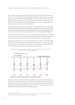 SOBRE A POBREZA, AS DESIGUALDADES E A PRIVAÇÃO MATERIAL EM PORTUGAL




      Assim, verifica-se que a proporção da população idosa em risco de pobreza aumentaria para
      33,7% se o valor de referência fosse estabelecido nos 70% da mediana (€5 797 em 2008).
      Todavia, se o valor de referência fosse estabelecido em 50% da mediana do RAE (€4 141 em
      2008), a proporção de idosos em risco de pobreza seria de 9,1%; no mesmo sentido, se o
      valor de referência correspondesse a 40% da mediana do RAE (€3 313 em 2008) a proporção
      de idosos em risco de pobreza seria de apenas 4,6%.

      Esta análise permite concluir que, apesar de maior permeabilidade à pobreza, a população
      idosa em risco de pobreza apresenta rendimentos por adulto equivalente mais próximos do
      limiar de pobreza comparativamente à população total. Este facto é corroborado pela análise
      das taxas de intensidade de pobreza na população idosa e na população total (Figura 6).

      Entre 2003 e 2008 a intensidade da pobreza20 na população idosa diminuiu de 17,6% para
      15,5%, ou seja, a distância percentual do rendimento mediano dos indivíduos com 65 ou mais
      anos em risco de pobreza face ao limiar de pobreza diminuiu 2,1 p.p. naquele período.

      No período em análise, a taxa de intensidade da pobreza era menor na população idosa
      (entre 16% e 19%) comparativamente à população total (entre 23% e 26%). Assim, pode
      concluir-se que é menos gravosa a insuficiência de rendimento dos indivíduos idosos em
      risco de pobreza comparativamente ao total da população residente.

             Figura IIIc.6 | Taxa de intensidade de pobreza (60% da mediana) total e na população
                             com 65 ou mais anos, Portugal 2003-2008


                          População com 65 ou + anos

                          População total
                                                                            Mediana do RAE dos pobres




                                                                                            15,5%
                  17,6%            17,4%         17,4%                        17,7%
                                                               18,7%




                                                 23,5%                        23,2%         23,6%
                  24,7%                                        24,3%
                                   26,0%



                  2003             2004          2005           2006           2007          2008

             Fonte: EU-SILC, Inquérito às Condições de Vida e Rendimento 2004-2009


      Em 2007, a taxa de risco de pobreza da população idosa na União Europeia (UE27) era
      de 18,9%, ou seja, menos 3,4 p.p. que o valor para Portugal no mesmo ano (22,3%).
      A proporção de homens e mulheres em risco de pobreza registava a mesma diferença
      percentual, considerando o total da UE (15,9% de homens e 21,2% de mulheres em risco de
      pobreza) e o nosso país (19,2% e 24,5%, respectivamente).




      20
        A intensidade da pobreza mede a diferença (em percentagem) entre o valor do limiar de pobreza e o
      rendimento monetário mediano dos indivíduos em risco de pobreza.


102
 