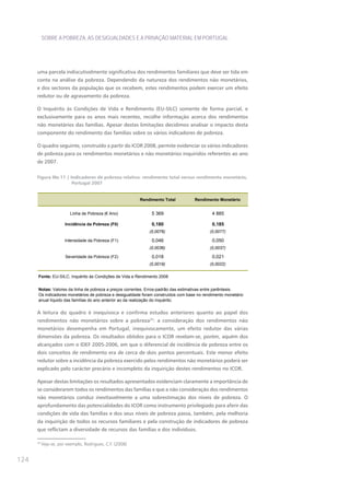 SOBRE A POBREZA, AS DESIGUALDADES E A PRIVAÇÃO MATERIAL EM PORTUGAL




      uma parcela indiscutivelmente significativa dos rendimentos familiares que deve ser tida em
      conta na análise da pobreza. Dependendo da natureza dos rendimentos não monetários,
      e dos sectores da população que os recebem, estes rendimentos podem exercer um efeito
      redutor ou de agravamento da pobreza.

      O Inquérito às Condições de Vida e Rendimento (EU-SILC) somente de forma parcial, e
      exclusivamente para os anos mais recentes, recolhe informação acerca dos rendimentos
      não monetários das famílias. Apesar destas limitações decidimos analisar o impacto desta
      componente do rendimento das famílias sobre os vários indicadores de pobreza.

      O quadro seguinte, construído a partir do ICOR 2008, permite evidenciar os vários indicadores
      de pobreza para os rendimentos monetários e não monetários inquiridos referentes ao ano
      de 2007.

      Figura IIIe.11 | Indicadores de pobreza relativa: rendimento total versus rendimento monetário,
                        Portugal 2007


                                                          Rendimento Total         Rendimento Monetário


                         Linha de Pobreza (€ Ano)              5 369                        4 885

                       Incidência da Pobreza (F0)              0,180                        0,185
                                                              (0,0076)                     (0,0077)

                       Intensidade da Pobreza (F1)             0,046                        0,050
                                                              (0,0036)                     (0,0037)

                       Severidade da Pobreza (F2)              0,018                        0,021
                                                              (0,0019)                     (0,0022)

      Fonte: EU-SILC, Inquérito às Condições de Vida e Rendimento 2008


      Notas: Valores da linha de pobreza a preços correntes. Erros-padrão das estimativas entre parêntesis.
      Os indicadores monetários de pobreza e desigualdade foram construídos com base no rendimento monetário
      anual líquido das famílias do ano anterior ao da realização do inquérito.


      A leitura do quadro é inequívoca e confirma estudos anteriores quanto ao papel dos
      rendimentos não monetários sobre a pobreza25: a consideração dos rendimentos não
      monetários desempenha em Portugal, inequivocamente, um efeito redutor das várias
      dimensões da pobreza. Os resultados obtidos para o ICOR revelam-se, porém, aquém dos
      alcançados com o IDEF 2005-2006, em que o diferencial de incidência de pobreza entre os
      dois conceitos de rendimento era de cerca de dois pontos percentuais. Este menor efeito
      redutor sobre a incidência da pobreza exercido pelos rendimentos não monetários poderá ser
      explicado pelo carácter precário e incompleto da inquirição destes rendimentos no ICOR.

      Apesar destas limitações os resultados apresentados evidenciam claramente a importância de
      se considerarem todos os rendimentos das famílias e que a não consideração dos rendimentos
      não monetários conduz inevitavelmente a uma sobrestimação dos níveis de pobreza. O
      aprofundamento das potencialidades do ICOR como instrumento privilegiado para aferir das
      condições de vida das famílias e dos seus níveis de pobreza passa, também, pela melhoria
      da inquirição de todos os recursos familiares e pela construção de indicadores de pobreza
      que reflictam a diversidade de recursos das famílias e dos indivíduos.

      25
           Veja-se, por exemplo, Rodrigues, C.F. (2008)


124
 