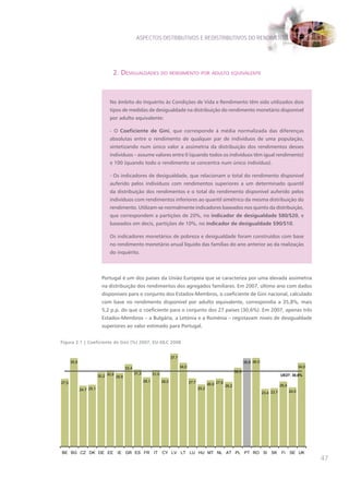 ASPECTOS DISTRIBUTIVOS E REDISTRIBUTIVOS DO RENDIMENTO




                                  2. desigualdades do Rendimento poR adulto equivalente



                                No âmbito do Inquérito às Condições de Vida e Rendimento têm sido utilizados dois
                                tipos de medidas de desigualdade na distribuição do rendimento monetário disponível
                                por adulto equivalente:

                                - O Coeficiente de Gini, que corresponde à média normalizada das diferenças
                                absolutas entre o rendimento de qualquer par de indivíduos de uma população,
                                sintetizando num único valor a assimetria da distribuição dos rendimentos desses
                                indivíduos – assume valores entre 0 (quando todos os indivíduos têm igual rendimento)
                                e 100 (quando todo o rendimento se concentra num único indivíduo).

                                - Os indicadores de desigualdade, que relacionam o total do rendimento disponível
                                auferido pelos indivíduos com rendimentos superiores a um determinado quantil
                                da distribuição dos rendimentos e o total do rendimento disponível auferido pelos
                                indivíduos com rendimentos inferiores ao quantil simétrico da mesma distribuição do
                                rendimento. Utilizam-se normalmente indicadores baseados nos quintis da distribuição,
                                que correspondem a partições de 20%, no indicador de desigualdade S80/S20, e
                                baseados em decis, partições de 10%, no indicador de desigualdade S90/S10.

                                Os indicadores monetários de pobreza e desigualdade foram construídos com base
                                no rendimento monetário anual líquido das famílias do ano anterior ao da realização
                                do inquérito.




                            Portugal é um dos países da União Europeia que se caracteriza por uma elevada assimetria
                            na distribuição dos rendimentos dos agregados familiares. Em 2007, último ano com dados
                            disponíveis para o conjunto dos Estados-Membros, o coeficiente de Gini nacional, calculado
                            com base no rendimento disponível por adulto equivalente, correspondia a 35,8%, mais
                            5,2 p.p. do que o coeficiente para o conjunto dos 27 países (30,6%). Em 2007, apenas três
                            Estados-Membros – a Bulgária, a Letónia e a Roménia – registavam níveis de desigualdade
                            superiores ao valor estimado para Portugal.


Figura 2.1 | Coeficiente de Gini (%) 2007, EU-SILC 2008


                                                                              37,7
       35,9                                                                                                                       35,8 36,0
                                           33,4                                      34,0                                                                               34,0
                                                  31,3                                                                     32,0
                                                                31,0
                          30,2 30,9 29,9                                                                                                                  UE27: 30,6%
                                                         28,1          28,0                 27,7
27,5                                                                                                      26,9 27,6 26,2                                  26,4
              24,7 25,1                                                                            25,2
                                                                                                                                              23,4 23,7          24,0




BE BG CZ DK DE EE                   IE GR ES FR                 IT     CY LV LT LU HU MT NL AT PL PT RO SI                                         SK     FI     SE UK
                                                                                                                                                                               47
 