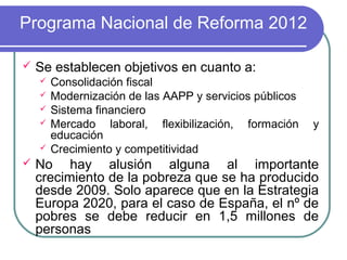 Programa Nacional de Reforma 2012


Se establecen objetivos en cuanto a:








Consolidación fiscal
Modernización de las AAPP y servicios públicos
Sistema financiero
Mercado laboral, flexibilización, formación
educación
Crecimiento y competitividad

y

No hay alusión alguna al importante
crecimiento de la pobreza que se ha producido
desde 2009. Solo aparece que en la Estrategia
Europa 2020, para el caso de España, el nº de
pobres se debe reducir en 1,5 millones de
personas

 