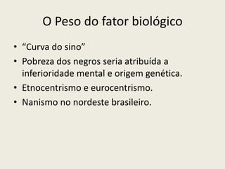O Peso do fator biológico“Curva do sino”Pobreza dos negros seria atribuída a inferioridade mental e origem genética.Etnocentrismo e eurocentrismo.Nanismo no nordeste brasileiro.
